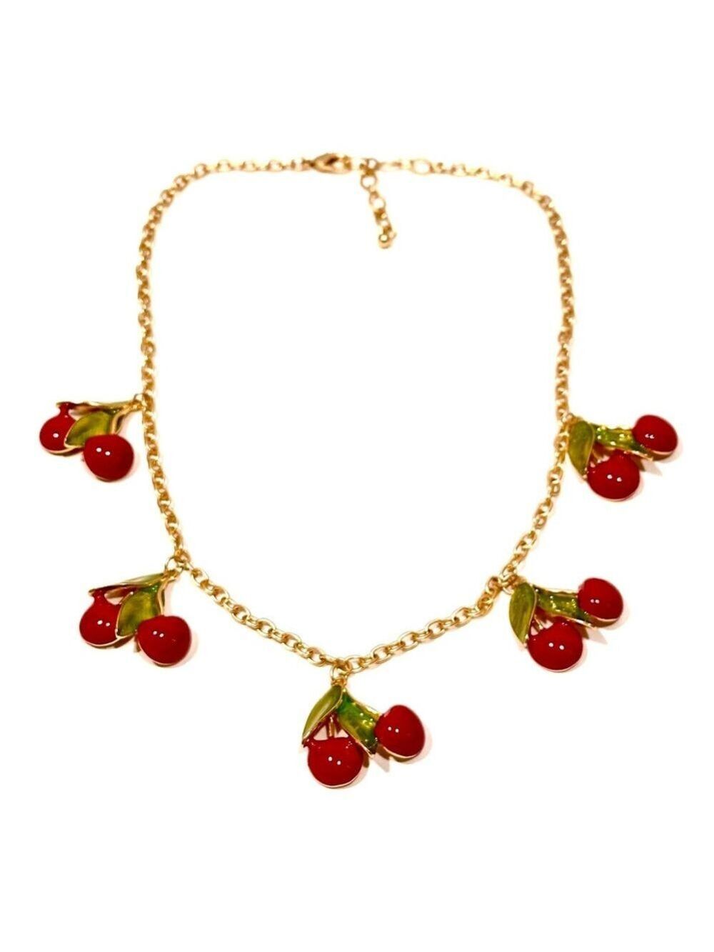 FASHIONABLE FRUIT | Cherries Jubilee Red & Green Enamel Charm Necklace​ | NIB - Picture 3 of 10